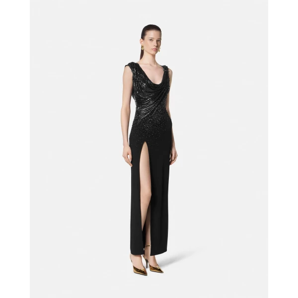 Versace Embellished Stretch Crêpe Jersey Draped Gown in Black, view 2 | Evening Gowns