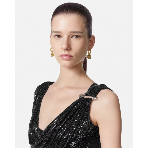 Versace Embellished Stretch Crêpe Jersey Draped Gown in Black, view 3 | Evening Gowns