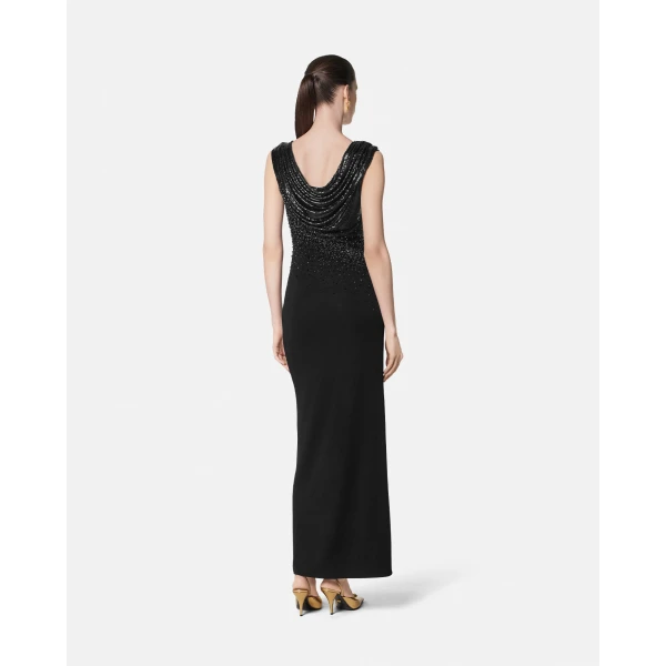Versace Embellished Stretch Crêpe Jersey Draped Gown in Black, view 4 | Evening Gowns