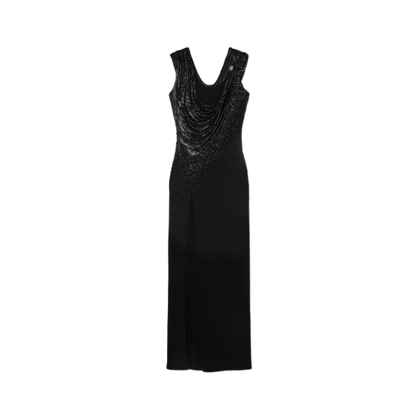 Embellished Stretch Crêpe Jersey Draped Gown in Black