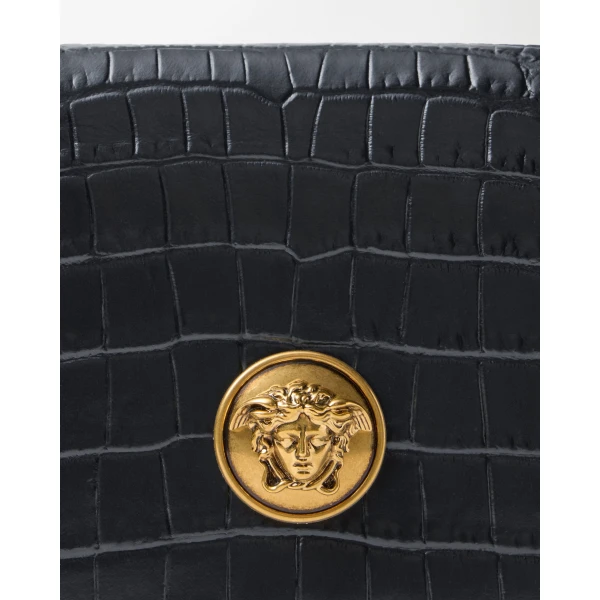 Versace Emblème Croc-Effect Leather Mini Bag in Black, view 3 | Mini Bags