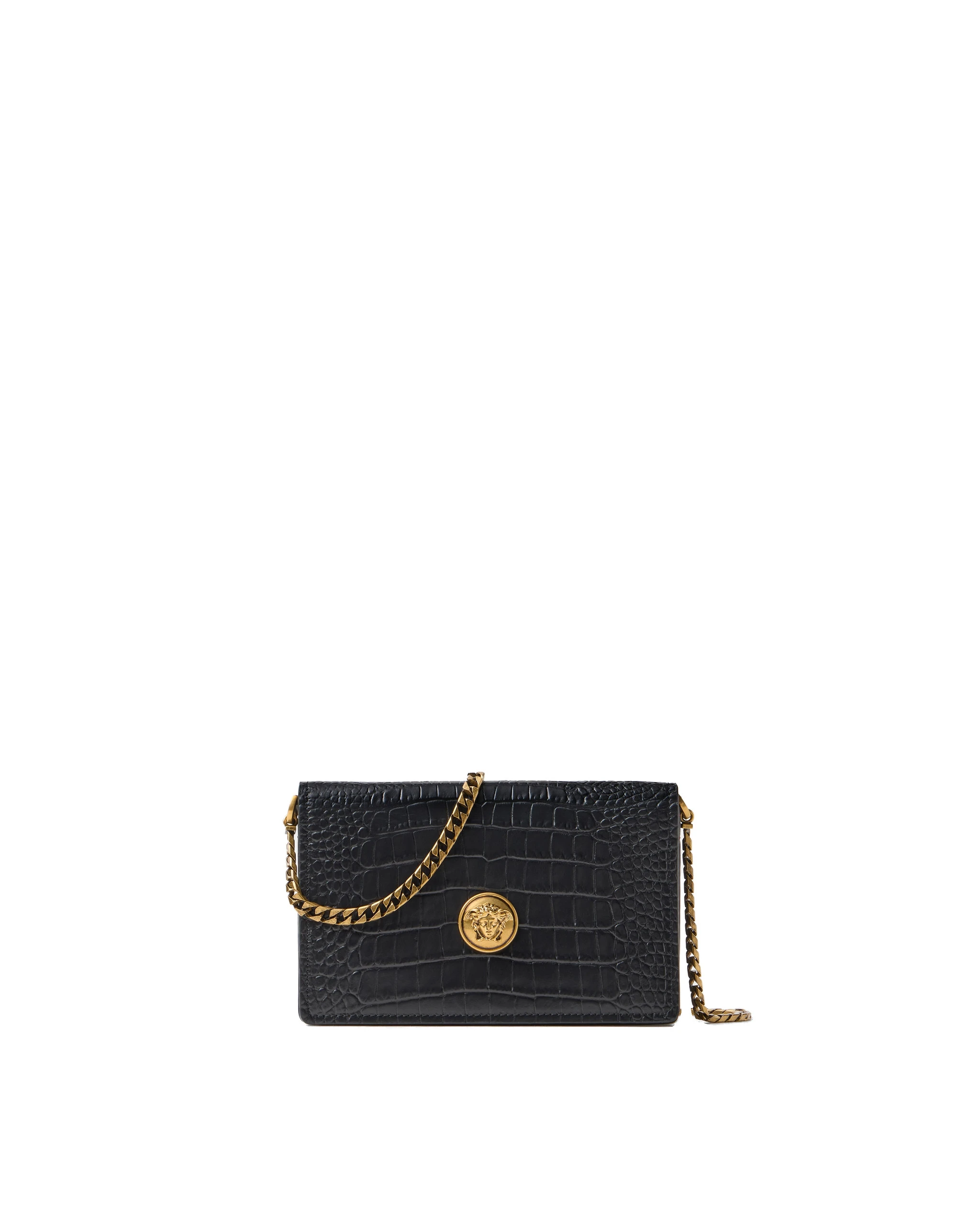 Versace Emblème Croc-Effect Leather Mini Bag in Black Versace Emblème Croc-Effect Leather Mini Bag in Black | Mini Bags | Coveti