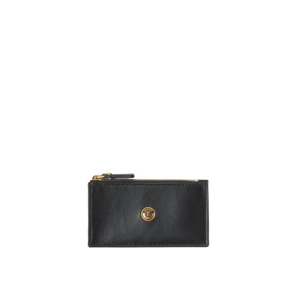 Emblème Leather Zip Card Holder in Black