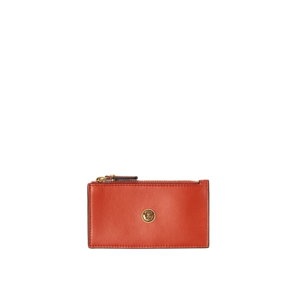 Versace Emblème Leather Zip Card Holder in Orange | Wallets & Purses | Coveti