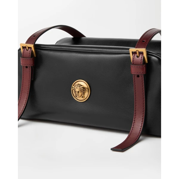 Versace Emblème Nappa Bowling Bag in Black and Brown, view 3 | Shoulder & Crossbody Bags