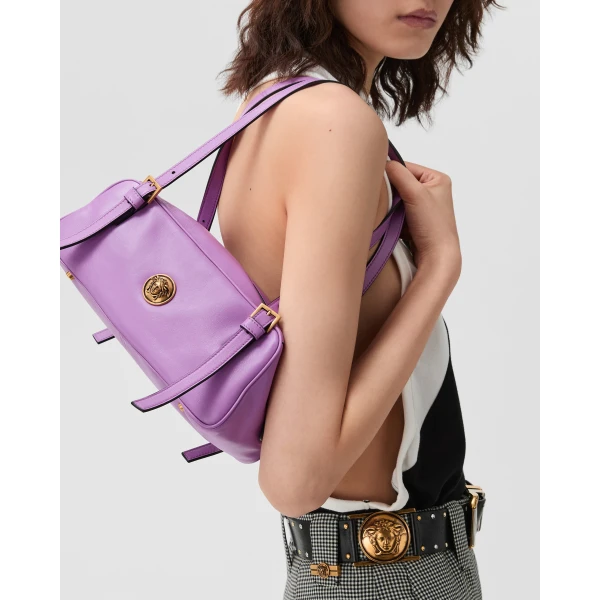 Versace Emblème Nappa Bowling Bag in Lilac, view 2 | Shoulder & Crossbody Bags