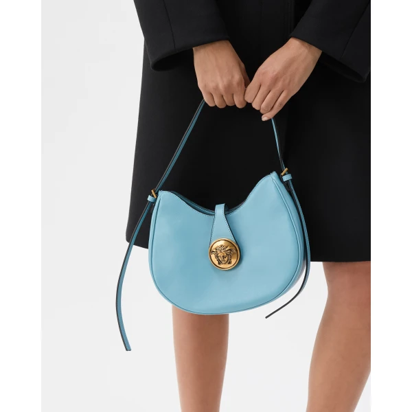 Versace Emblème Nappa Hobo Bag in Light Blue, view 2 | Shoulder & Crossbody Bags
