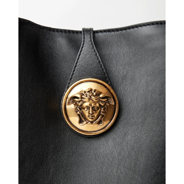 Versace Emblème Small Nappa Tote in Black, view 3 | Totes & Top-Handle Bags