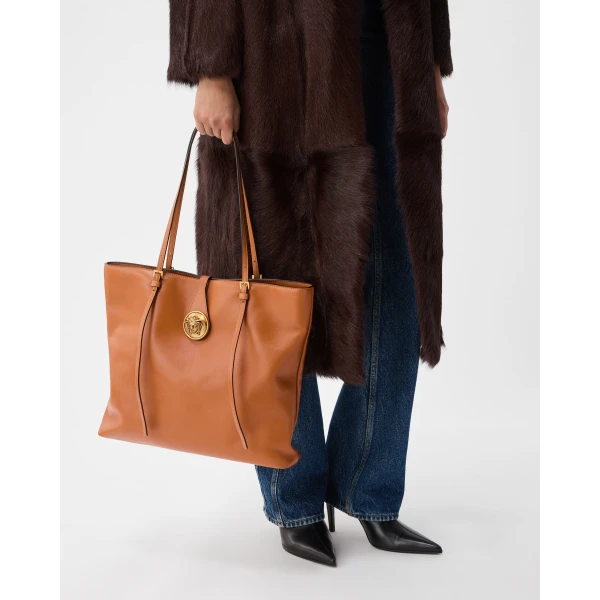 Versace Emblème Small Nappa Tote in Brown, view 2 | Totes & Top-Handle Bags