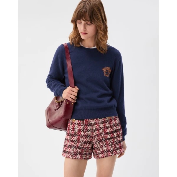 Versace Embroidered Cashmere Knit Crewneck Sweater in Blue, view 2 | Sweaters