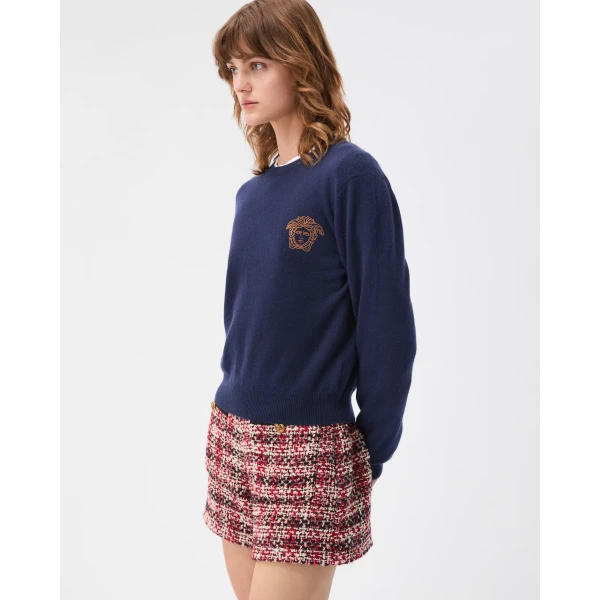 Versace Embroidered Cashmere Knit Crewneck Sweater in Blue, view 4 | Sweaters