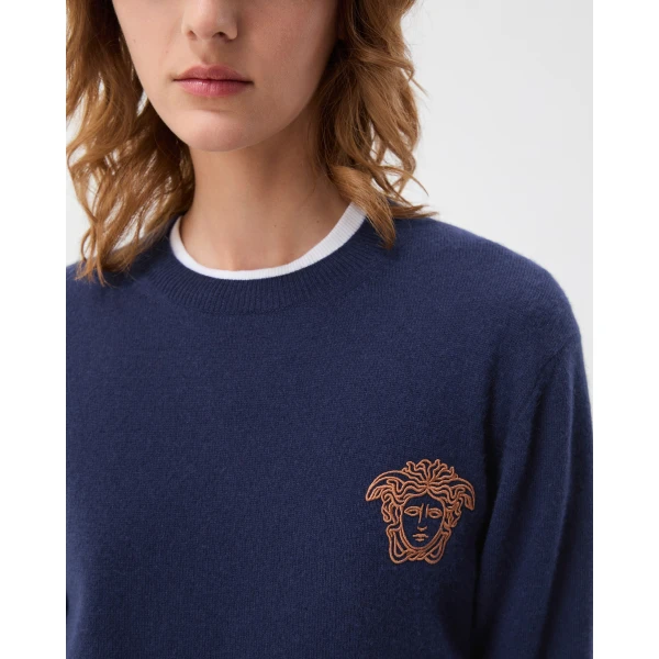 Versace Embroidered Cashmere Knit Crewneck Sweater in Blue, view 5 | Sweaters