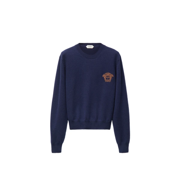 Embroidered Cashmere Knit Crewneck Sweater in Blue