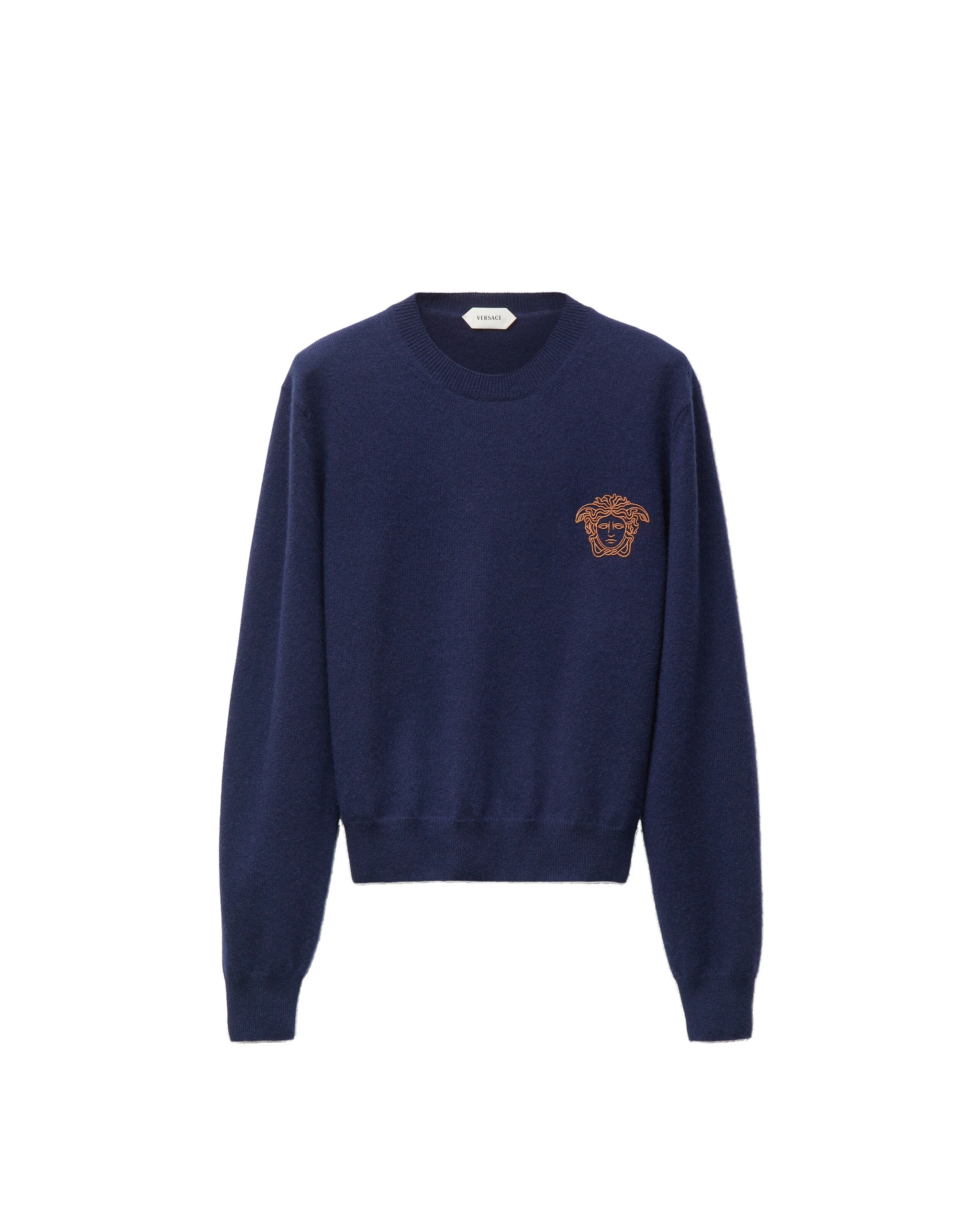 Versace Embroidered Cashmere Knit Crewneck Sweater in Blue Versace Embroidered Cashmere Knit Crewneck Sweater in Blue | Sweaters | Coveti