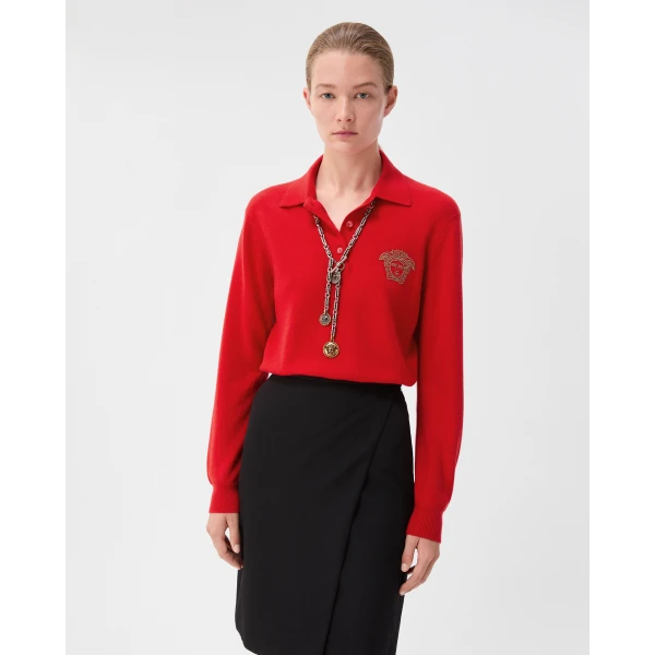 Versace Embroidered Cashmere Knit Polo Sweater in Red, view 2 | Sweaters