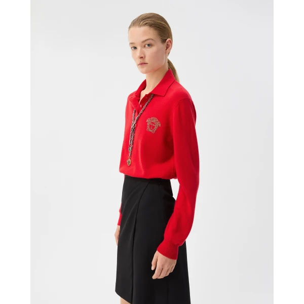 Versace Embroidered Cashmere Knit Polo Sweater in Red, view 4 | Sweaters