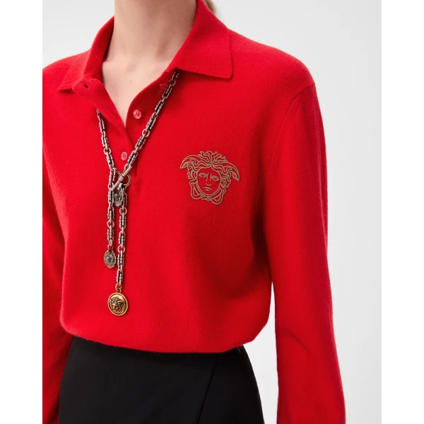 Versace Embroidered Cashmere Knit Polo Sweater in Red, view 5 | Sweaters