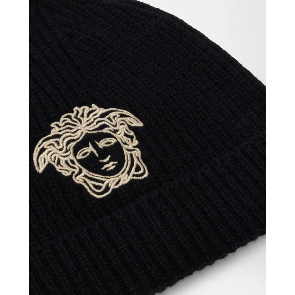 Versace Embroidered Cashmere Ribbed Knit Beanie in Black, view 2 | Hats