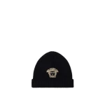 Versace Embroidered Cashmere Ribbed Knit Beanie in Black | Hats | Coveti