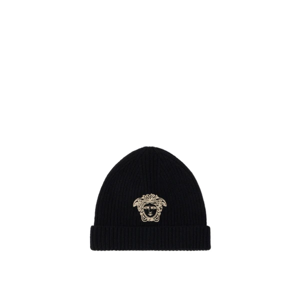 Embroidered Cashmere Ribbed Knit Beanie in Black