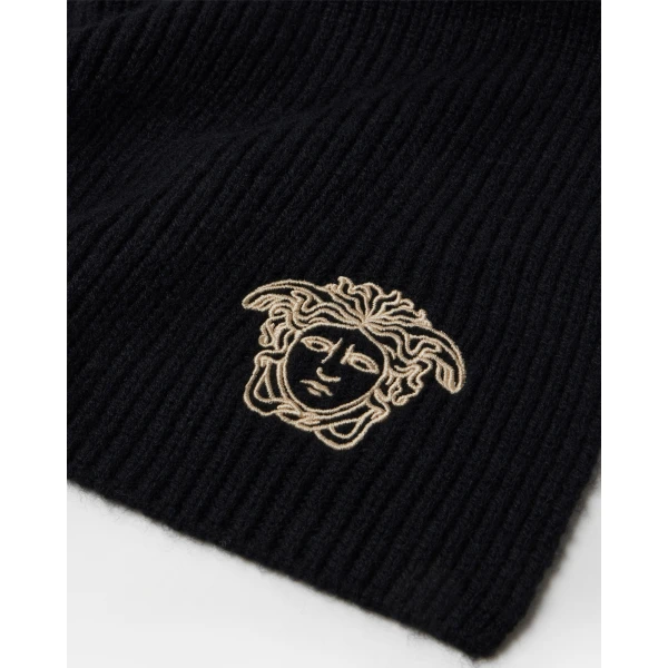 Versace Embroidered Cashmere Ribbed Knit Scarf in Black, view 2 | Scarves