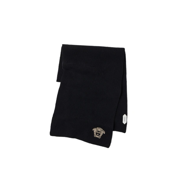 Versace Embroidered Cashmere Ribbed Knit Scarf in Black | Scarves | Coveti