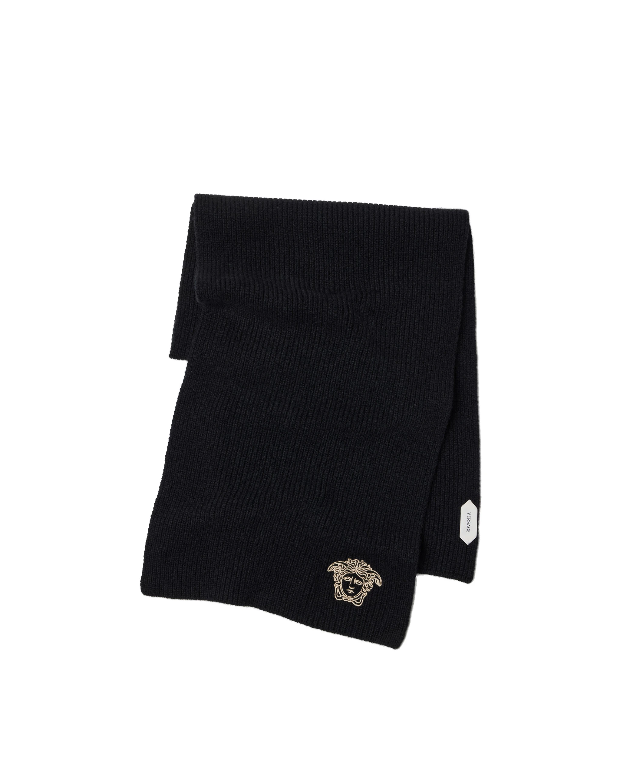 Versace Embroidered Cashmere Ribbed Knit Scarf in Black Versace Embroidered Cashmere Ribbed Knit Scarf in Black | Scarves | Coveti