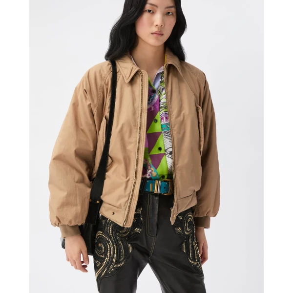 Versace Embroidered Cotton Gabardine Blouson in Beige, view 2 | Jackets