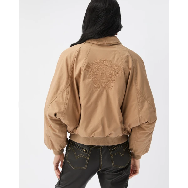 Versace Embroidered Cotton Gabardine Blouson in Beige, view 3 | Jackets