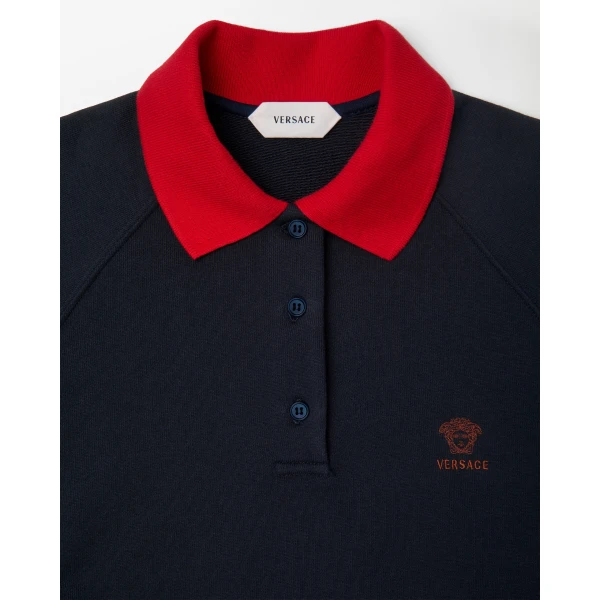 Versace Embroidered Cotton-Jersey Polo Sweatshirt in Blue and Red, view 2 | Hoodies