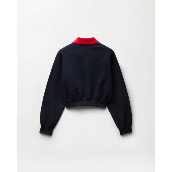 Versace Embroidered Cotton-Jersey Polo Sweatshirt in Blue and Red, view 3 | Hoodies
