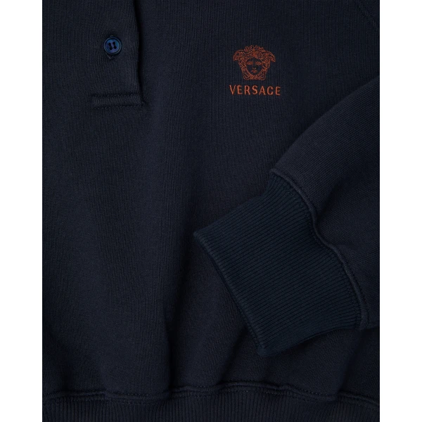 Versace Embroidered Cotton-Jersey Polo Sweatshirt in Blue and Red, view 4 | Hoodies