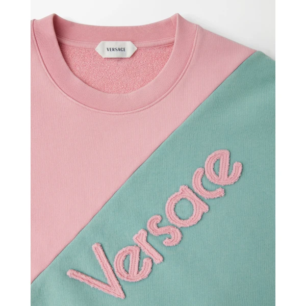 Versace Embroidered Cotton-Jersey Short-Sleeved Sweatshirt in Pink and Green, view 2 | Hoodies