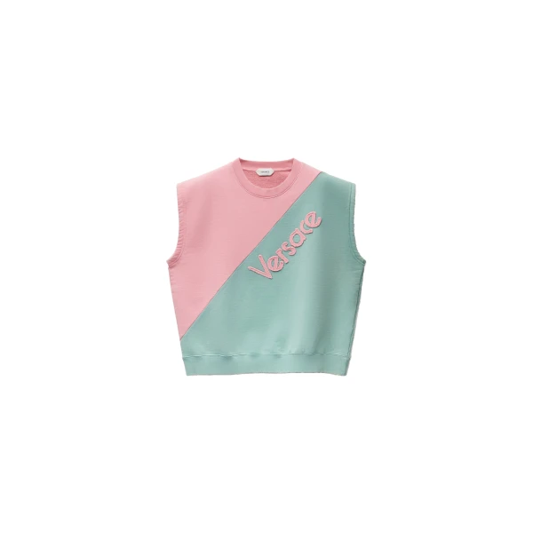 Versace Embroidered Cotton-Jersey Short-Sleeved Sweatshirt in Pink and Green | Hoodies | Coveti