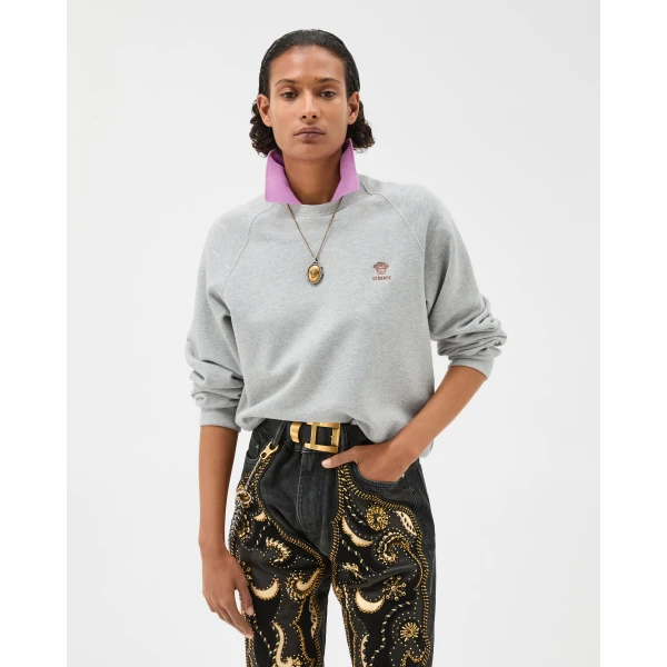 Versace Embroidered Cotton-Jersey Sweatshirt in Grey and Lilac, view 2 | Hoodies