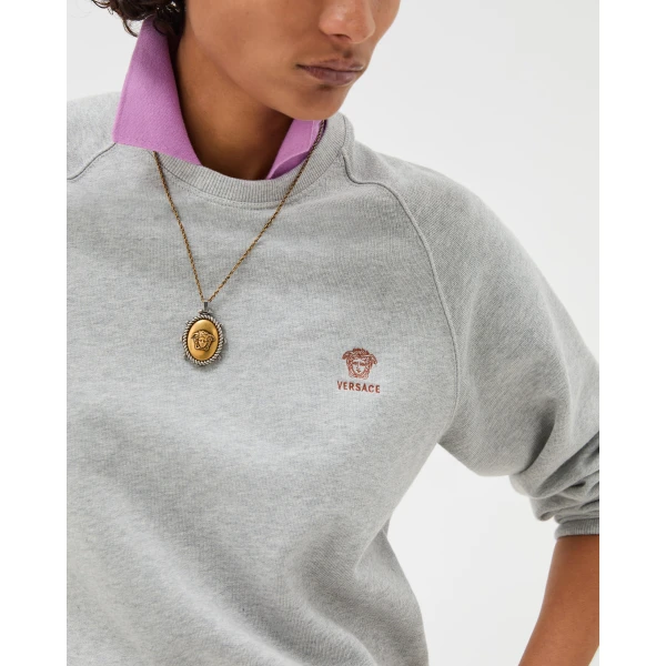 Versace Embroidered Cotton-Jersey Sweatshirt in Grey and Lilac, view 4 | Hoodies