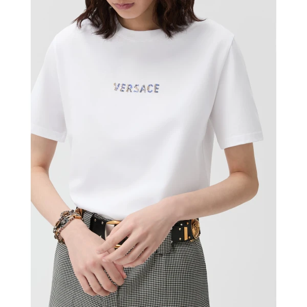 Versace Embroidered Cotton-Jersey T-Shirt in White, Ref. 1025973, view 4 | T-shirts