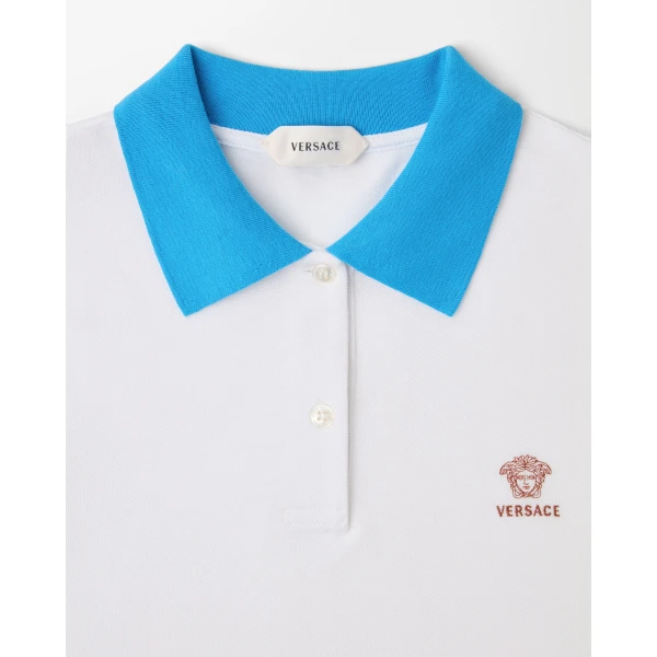 Versace Embroidered Cotton Piqué Polo in Light Blue and White, view 2 | Tops