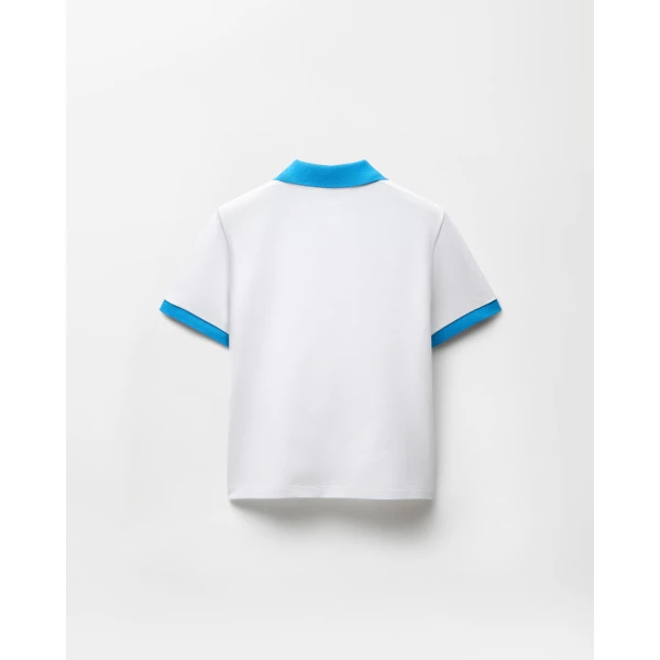 Versace Embroidered Cotton Piqué Polo in Light Blue and White, view 3 | Tops
