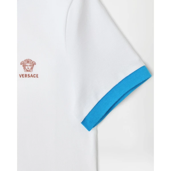 Versace Embroidered Cotton Piqué Polo in Light Blue and White, view 4 | Tops