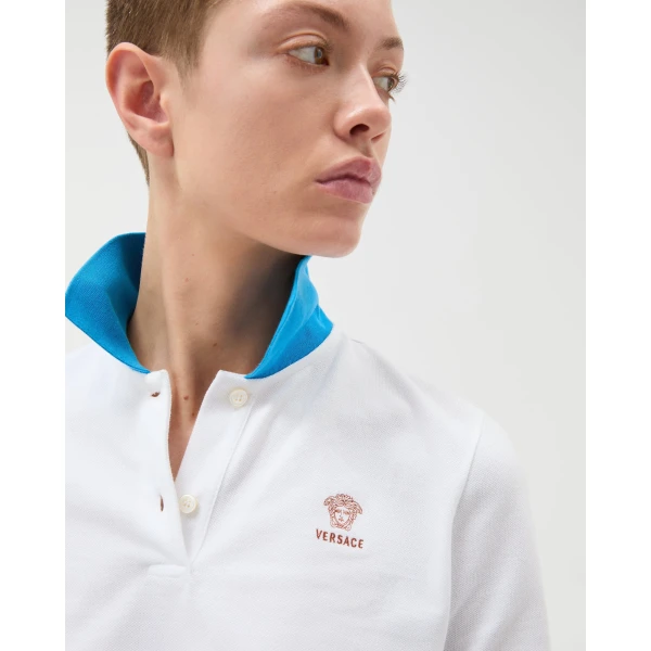Versace Embroidered Cotton Piqué Polo in Light Blue and White, view 5 | Tops