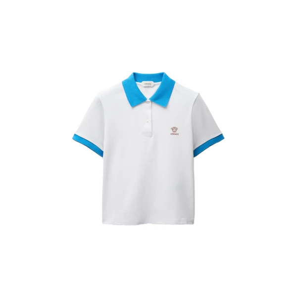 Embroidered Cotton Piqué Polo in Light Blue and White