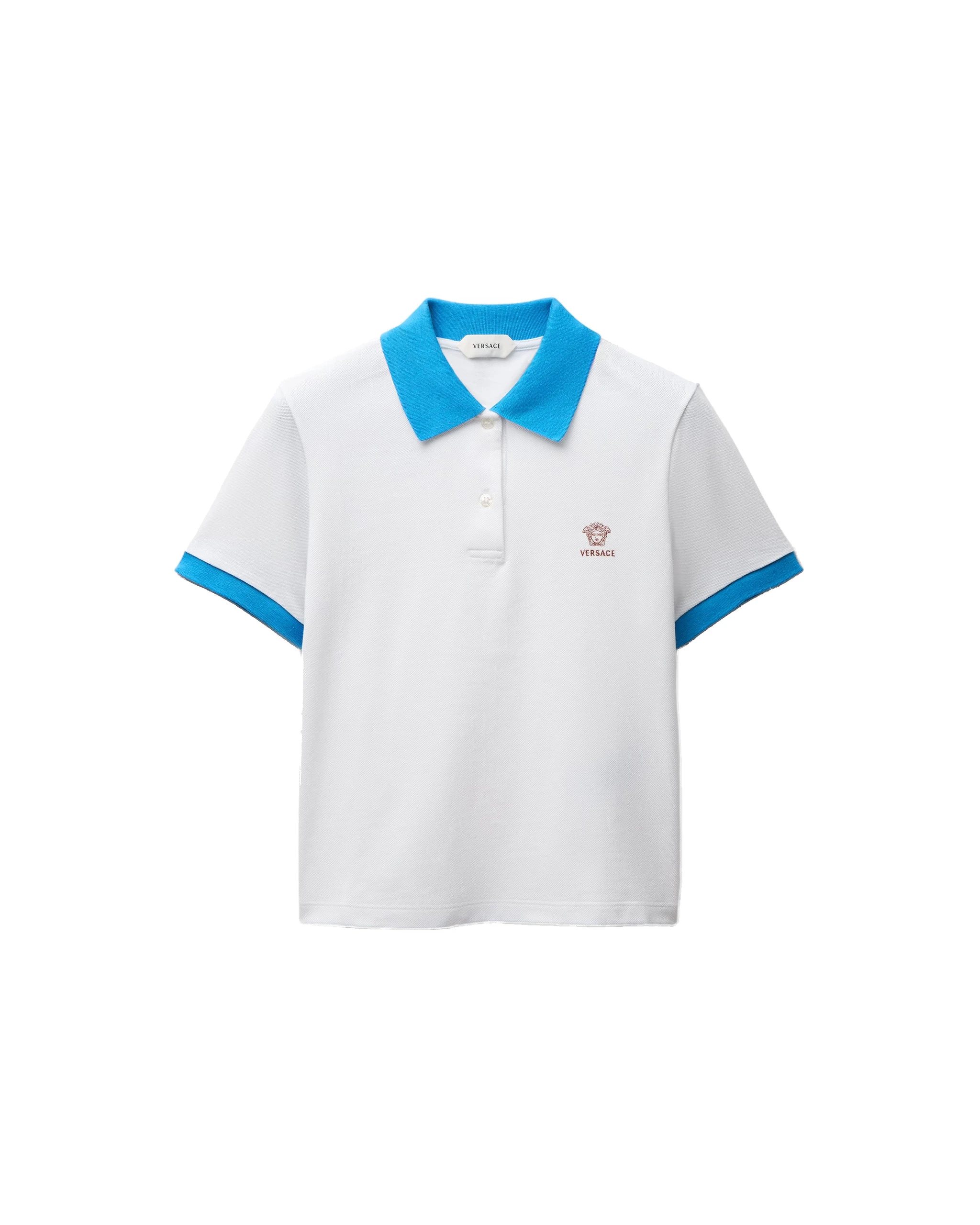 Versace Embroidered Cotton Piqué Polo in Light Blue and White Versace Embroidered Cotton Piqué Polo in Light Blue and White | Tops | Coveti