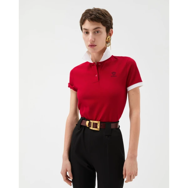 Versace Embroidered Cotton Piqué Polo in Red, view 2 | Tops