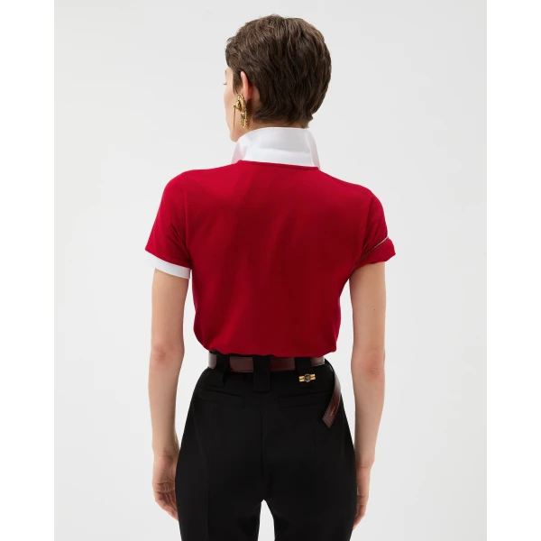 Versace Embroidered Cotton Piqué Polo in Red, view 3 | Tops