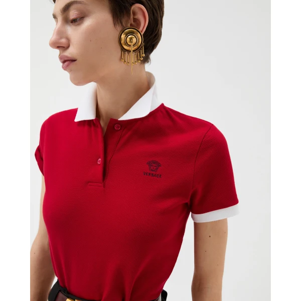 Versace Embroidered Cotton Piqué Polo in Red, view 5 | Tops