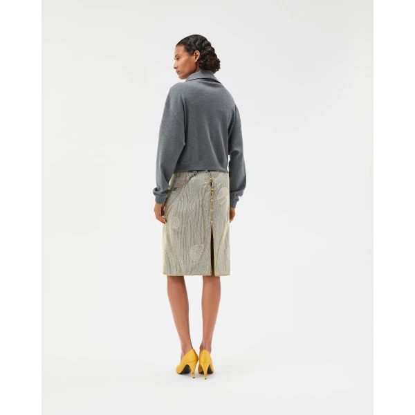Versace Embroidered Crêpe de Chine Midi Skirt in Silver and Gold, view 3 | Midi Skirts