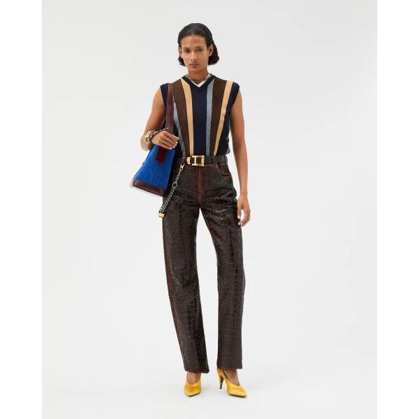 Versace Embroidered Croc-Effect Leather Pants in Black and Brown, view 2 | Pants