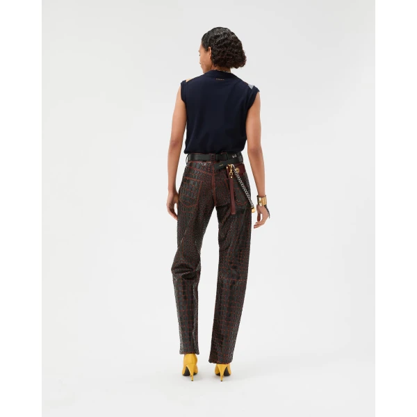 Versace Embroidered Croc-Effect Leather Pants in Black and Brown, view 3 | Pants