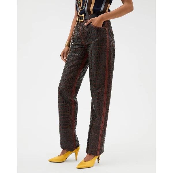 Versace Embroidered Croc-Effect Leather Pants in Black and Brown, view 4 | Pants